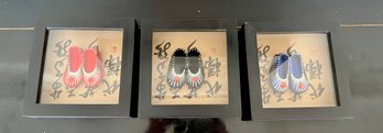 Set Of 3 Vintage Oriental Doll Shoes Displayed In Shadow Boxes