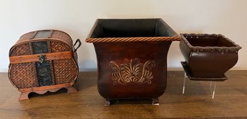 Wood Box, Tin Planter And Ceramic Planter