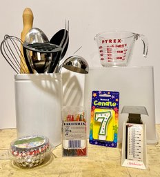 Ceramic Utensil Holder, Pytex 1 Cup Glass Measuring Cup, Scale, Appetizer Sticks, Muffin Liners, & More