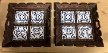 2-Vintage Hand Carved Wood Tray With Mexican Tile Bar Tray