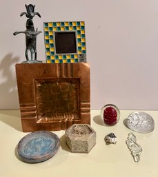 Littles: Soapstone Trinket Box, Metal Singing Frog, Picture Frame, 2 Paperweights, 3 Pottery Coasters, Copper