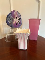 Pink Stripe Vase, Pink Vase And Purple Clay Pottery Candle Holder