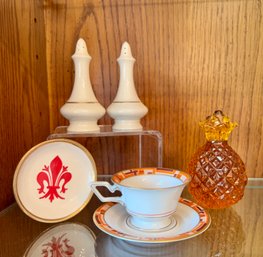 Rosenthal Tea Cup, Lenox Salt/pepper Shakers, Amber Pineapple & Vintage Fleur-de-Lis Italian Trinket Tray
