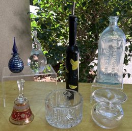 Signed Art Glass Perfume Bottle, Bohemian Bell, Waterford Crystal Millennium Bowl, Crystal Pear, Tulip Vase &