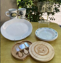 2- Ceramic Mugs, 2- Plastic Wine Goblets 2- Homer Laughlin Porcelain China Plates, & Modern Farmhouse Platter