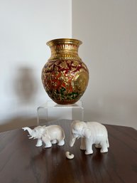 Colorful Brass Vase  & Two Bone Elephants (Both Have Issues)