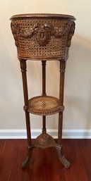 Cane And Wood Floor Standing Plant Stand