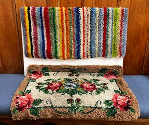 2- Vintage 70s-80s Floral And Striped Latch Hook Rectangular Rugs