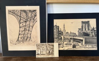 Etchings: Krommer: Brooklyn Bridge, Manhattan And Paris Eiffel Tower