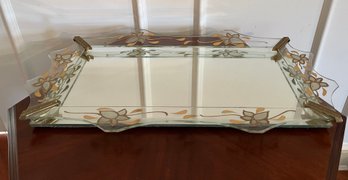 Mirrored Vanity Tray With Gold And Silver Flower Inlay