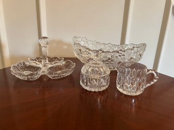 Crystal Creamer And Sugar, 3 Sectional Bowl, And Grapevine Bowl