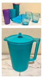 Plastic Jewel Tones  2 Pitchers Cups, Ice Tray And Tupperware Container