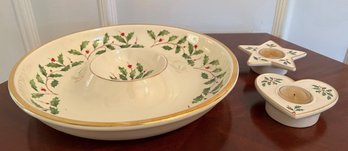 Lenox Holiday Candle Holders, And Platter