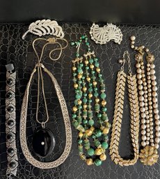 Antique/vintage Costume Jewelry: 4 Necklaces, 1 Bracelet And 2 Pins: Miriam Haskel, Trifari, Kafrin, And More