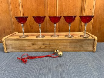 5 Red And Chrome Glassware And A Bell