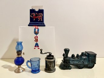More Littles: Avon Train Perfume Bottle, Blue Ceramic Card Holder, USA Ornament, Small Coffee Grinder & More