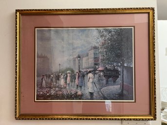 Vintage Framed Print  Rainy Afternoon Paris Street Scene Ladies & Flower Market