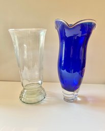 Cobalt Blue Freeform Czech Republic Vase And Clear Glass Pedestal Vase