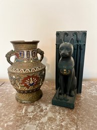 Sitting Horus  Egyptian Statue Book End And Enamel Brass Vase Two Handles Ornate Antique