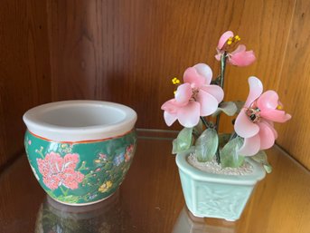 Midcentury Asian Chinoiserie Pink Blossom And Asian Planter Pot Chinoiserie White & Green Floral