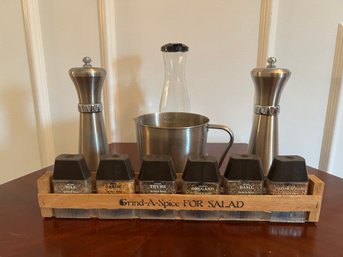 Stainless Steel Salt/pepper Grinders, Measuring Cup, Spice Rack With Spices, And Glass Salad Shakers