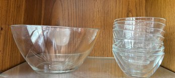 French Glass Serving Bowl And 7 Salad Bowls