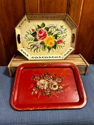 Vintage Red/off White Toleware Metal Tray