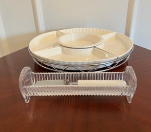 Porcelain And Metal Lazy Susan, Cracker Tray And Cheese Knife