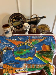 Greek Lot: Decorative Cloth, Vase, Ceramic Pitcher, Plate, Cyprus Stoneware Cup And More