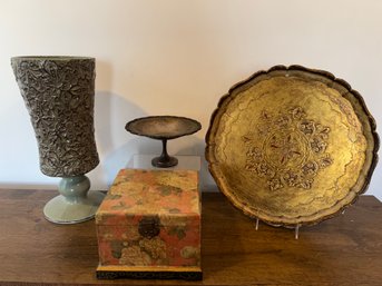 Studio B. Green Vase, Florentine Tray, Wood Floral Box And Silver-plate Pedestal Bowl
