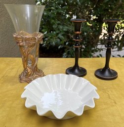 2- Black Resin Candle Holders, Strawberry Street Scalloped Bowl, And Gold Resin And Glass Vase