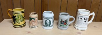 4 Steins And 1 Pitcher Caldas Portugal, German, TJ Pottery And Made In China