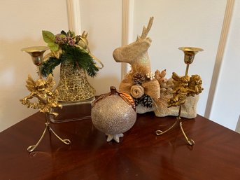 Holiday Gold Lot: Glass Pear, Foam Deer, Resin Candle Holders, And More