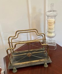 Regency Brass/Black Lacquer Magazine Rack And Tall Jar With Lid, Currently Has Soap Bars In It