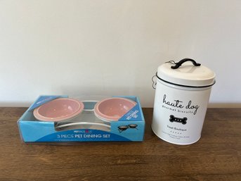 Pink Dog Bowls, And Tin Dog Treat Container