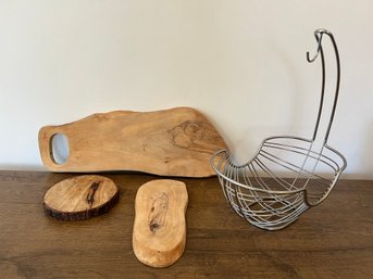 Live Edge Wood Trays And Metal Fruit Bowl