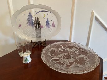Christmas Glass Platter, 2 Glass Boot Shot Glasses And Christmas Tree Candle Holder