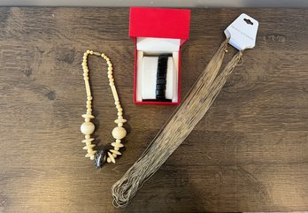 Drapers And Damons Gold Tone Necklace, Techno Pave Black Bracelet, And Bone Necklace