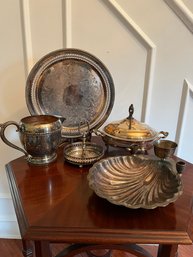 Silver Plate Lot: Trays, Casserole Dishes, Shell Platter And More