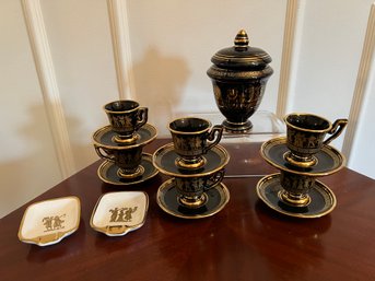 6-Cup/Saucer, Urn And 2 Trinket Trays: 24k Gold On Black Handmade In Greece