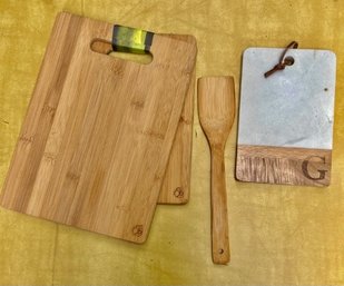 2 Bamboo Cutting Boards, 1 Marble And Wood Cheese Board, And Wood Spatula