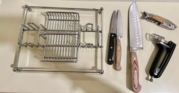 OXO Olive Pitter, Fish Shaped Wine Opener, 3 Kitchen Knives And Flatware Caddy