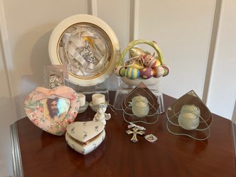 Religious/easter Lot: Candle Holders, Heart Trinket Box, Angel Ornament, Basket Of Eggs, And More