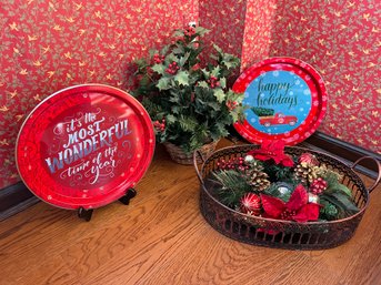 Christmas Faux Holly Tree, Wreath And 2 Vacaville Fruit Trays