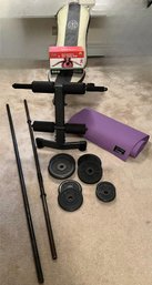 Golds Gym Weight Bench, 2 Bars, 4 Sets Of Weights, Yoga Mat And Body Ball
