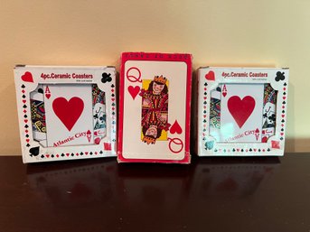 2- Ceramic Atlantic City Card Coasters And A Deck Of Extra Large Card (complete Set)