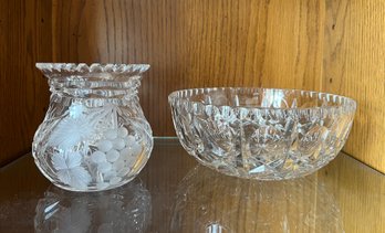 Crystal Bowl And Grape Etched Vase