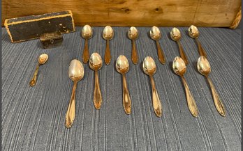 Russian Trinket Box Labeled 900, 12- Amefa Stainless Small Spoons, & 1-salt Spoon