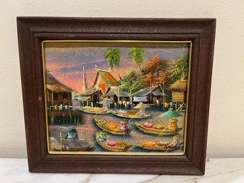 Vintage Oil On Canvas Asian Village With Frame Signed By Artist