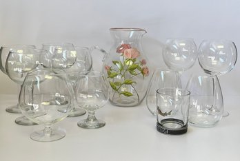 Wine & Brandy Glasses And Glass Floral Pitcher